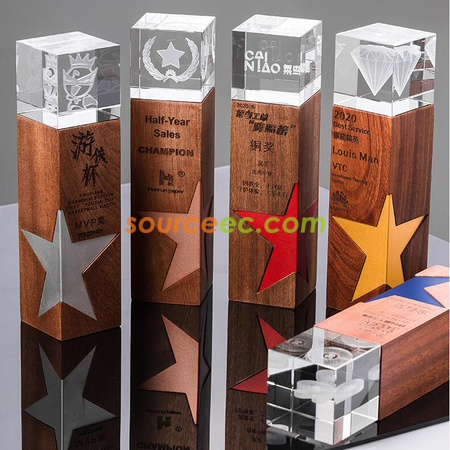 Customization Star Solid Wood Crystal Trophy Promotional Products