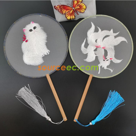 Customization Double Sided Embroidered Long Handle Round Fan Promotional Products