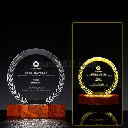 Customization Luminous Solid Wood Base Crystal Promotional Products