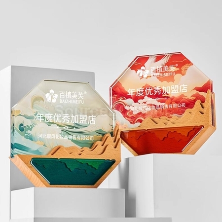 Customization Octagonal Crystal Color Printed Solid Wood Trophy Promotional Products