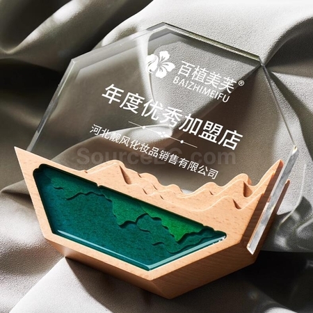 Customization Octagonal Crystal Color Printed Solid Wood Trophy Promotional Products