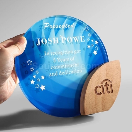 Customization Round Crystal Solid Wood Leaf Trophy Promotional Products