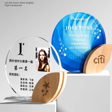 Customization Round Crystal Solid Wood Leaf Trophy Promotional Products