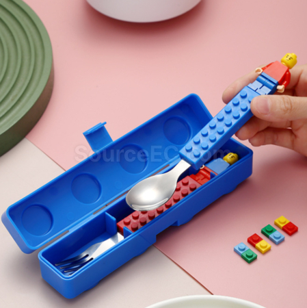 Customization Silicone building block handle, stainless steel knife fork spoon three piece set Promotional Products