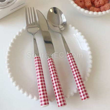 Customization Ceramic Handle Grid Style Stainless Steel Tableware Promotional Products