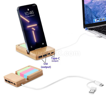 Customization Bamboo Desk Organizer & Phone Stand with USB Type-C Hub Port Promotional Products